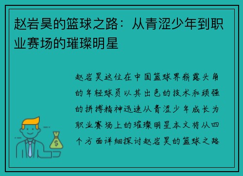 赵岩昊的篮球之路：从青涩少年到职业赛场的璀璨明星